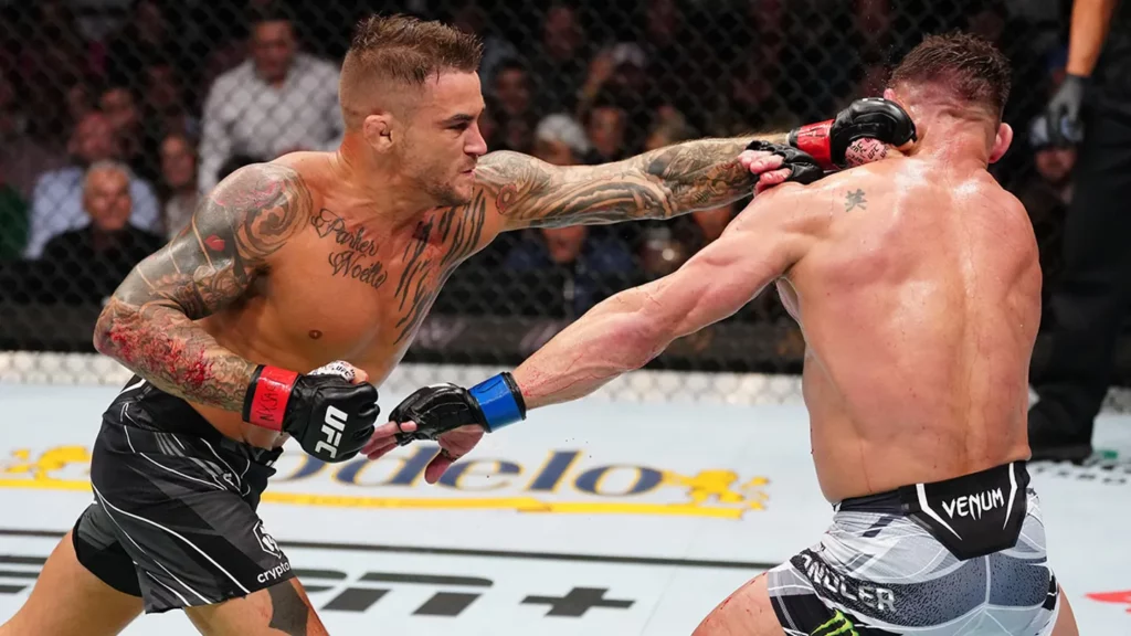 Dustin Poirier defeats Michael Chandler in a vicious altercation at UFC 281, calling him a "dirty motherf—-er" after the fight.
